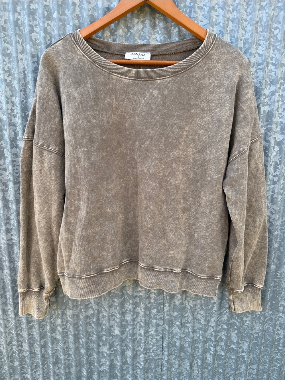 Zenana Outfitters Acid-Washed Taupe Crewneck Long Sleeve Shirt